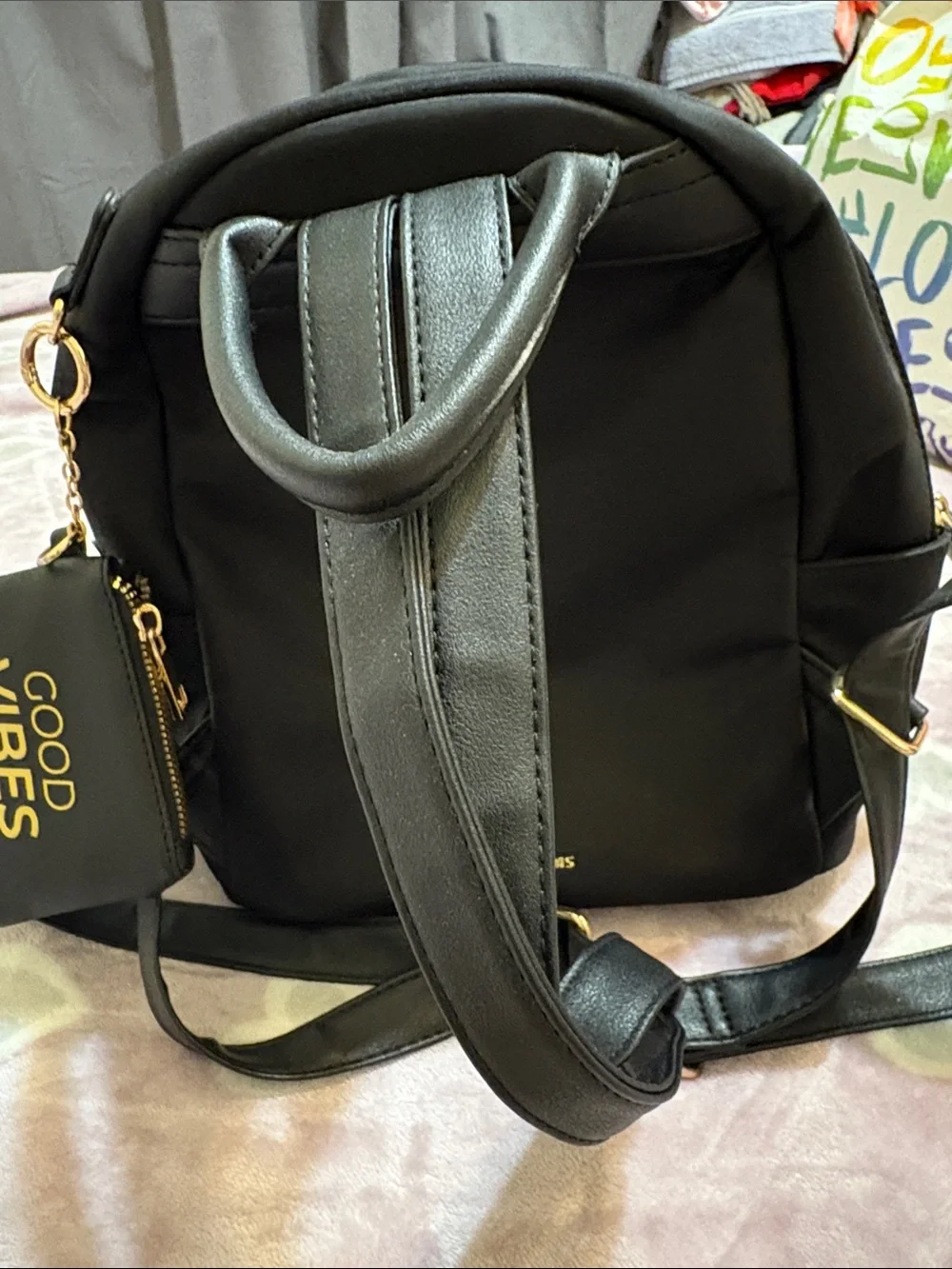 Charles & Keith Black Mini Backpack with Gold Hardware